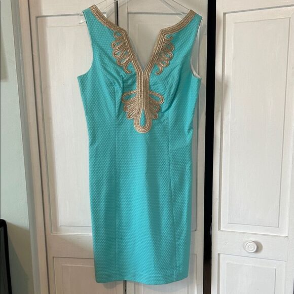 Lilly Pulitzer Janice Shift Dress in Turquoise with Gold Accents - Size 4 - Picture 2 of 9